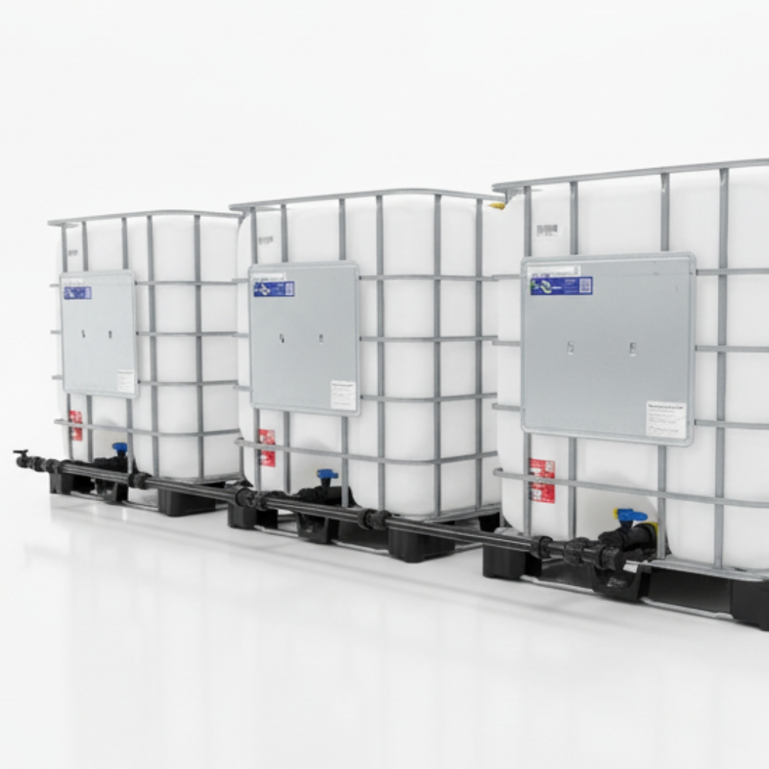 Photo de trois Cuves IBC blanches - reli&eacute;e par un kit de raccordement et un kit d'extension Multicuves